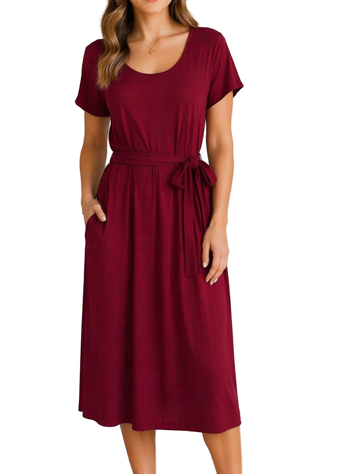 Peruvian Connection Red Modal Midi Dress Belted Pockets Soft Knit Nwt L